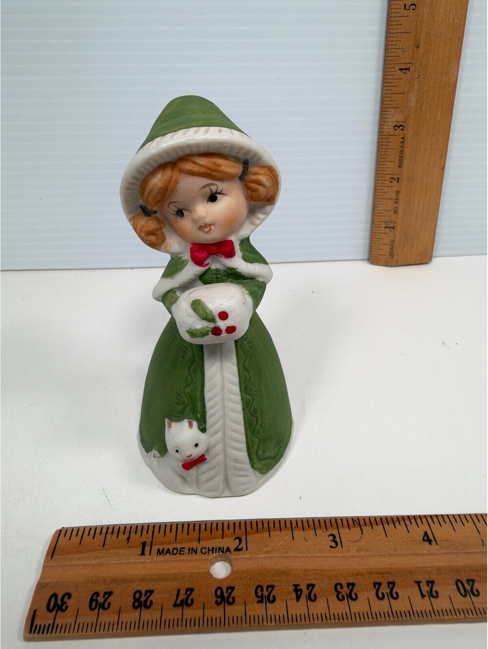 Vintage 1978 Jasco Merri-Bells Christmas Caroler Girl Cat Bisque Porcelain Bell
